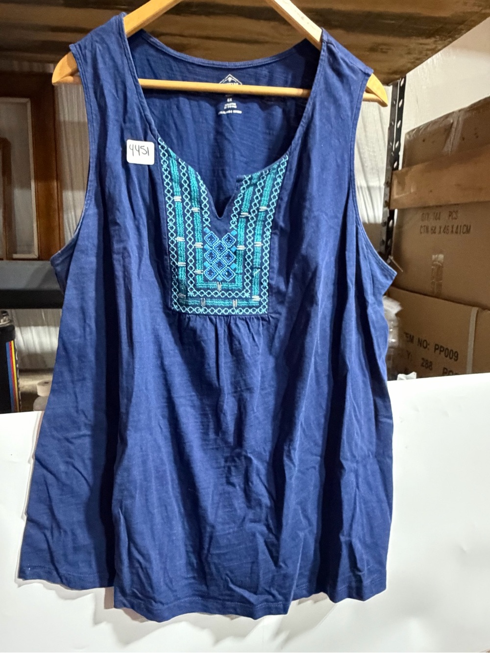 #4451-St. John's Bay Navy Tank with Teal Embroidered Yoke